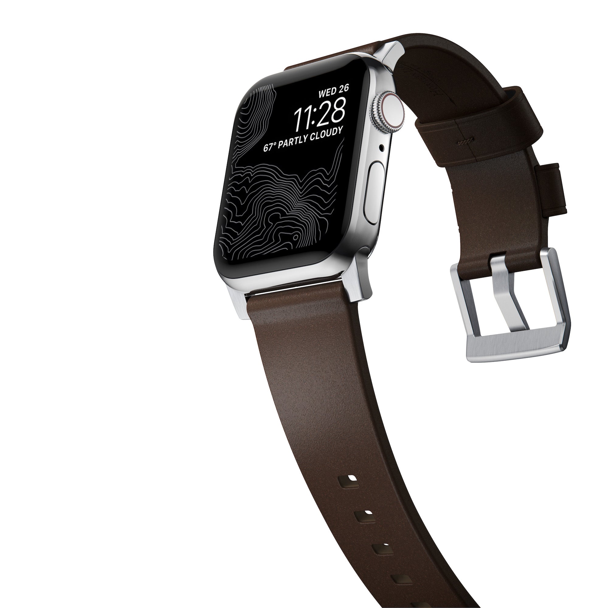 Horween Leather Strap for Apple Watch 44/45/49mm - Modern Build, Rustic Brown w/ Silver Hardware