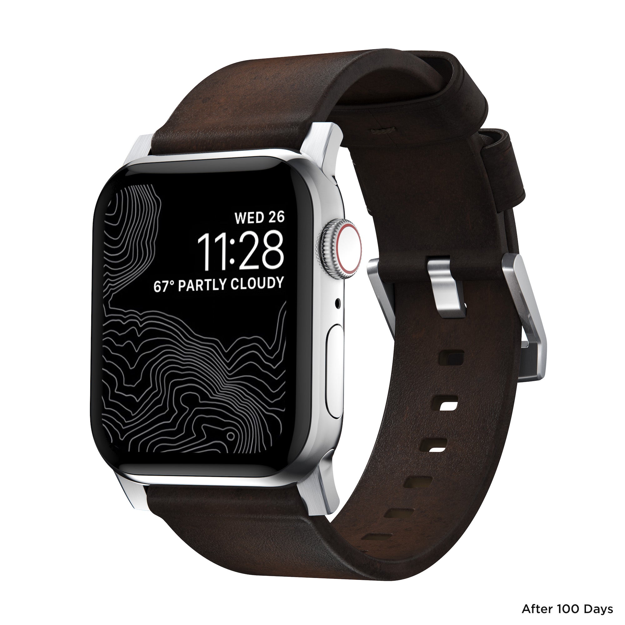 Horween Leather Strap for Apple Watch 44/45/49mm - Modern Build, Rustic Brown w/ Silver Hardware
