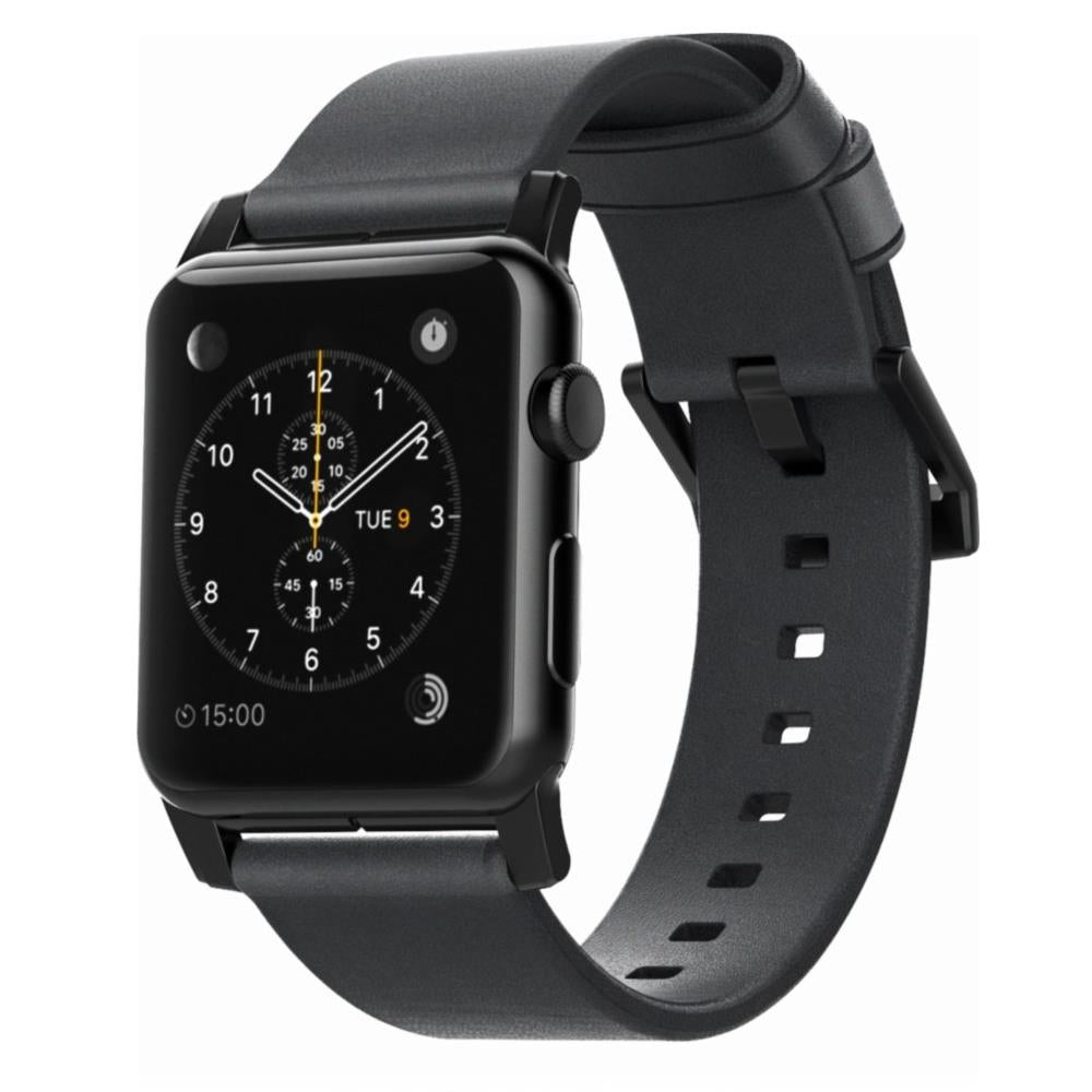 Leather Strap for Apple Watch 44/45/49mm - Modern Build, Black with Black Hardware